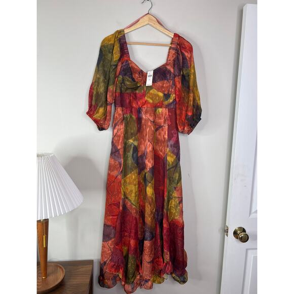 NWT Anthropologie Hutch Printed Twist-Front -Sleeve Ruffle Midi Dress Red - Picture 2 of 7